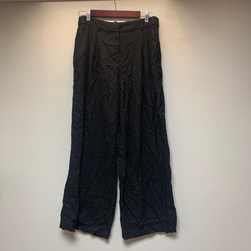 H&M Wide Leg Pants Women Size 6 Black NEW Linen Blend Pleated High Rise Trousers